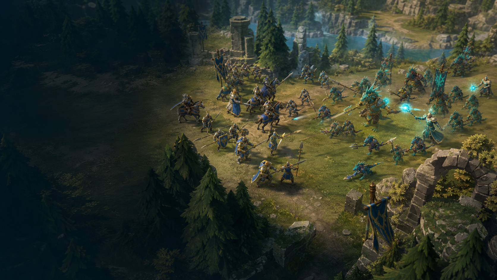 Arena RTS battlefield with units moving across a fantasy map